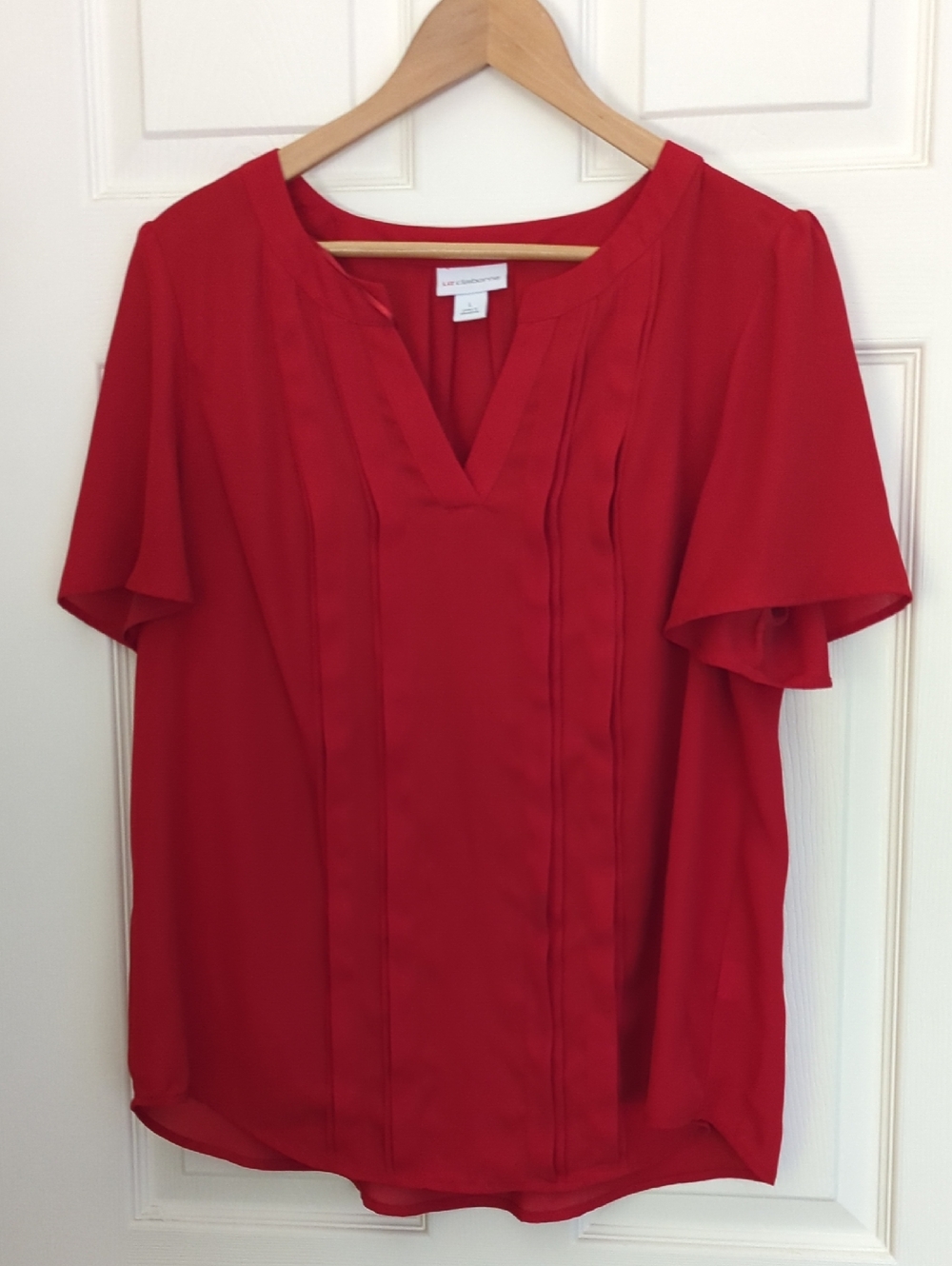 Liz Claiborne Red V-Neck Pintuck Flutter Sleeve Blouse